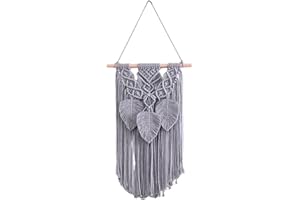 Handmade Macrame Wall Hanging, Cotton Rope Boho Tapestry with Wooden Beads, Woven Leaf Design, 13.7x24 Inch, Living Room Bedr