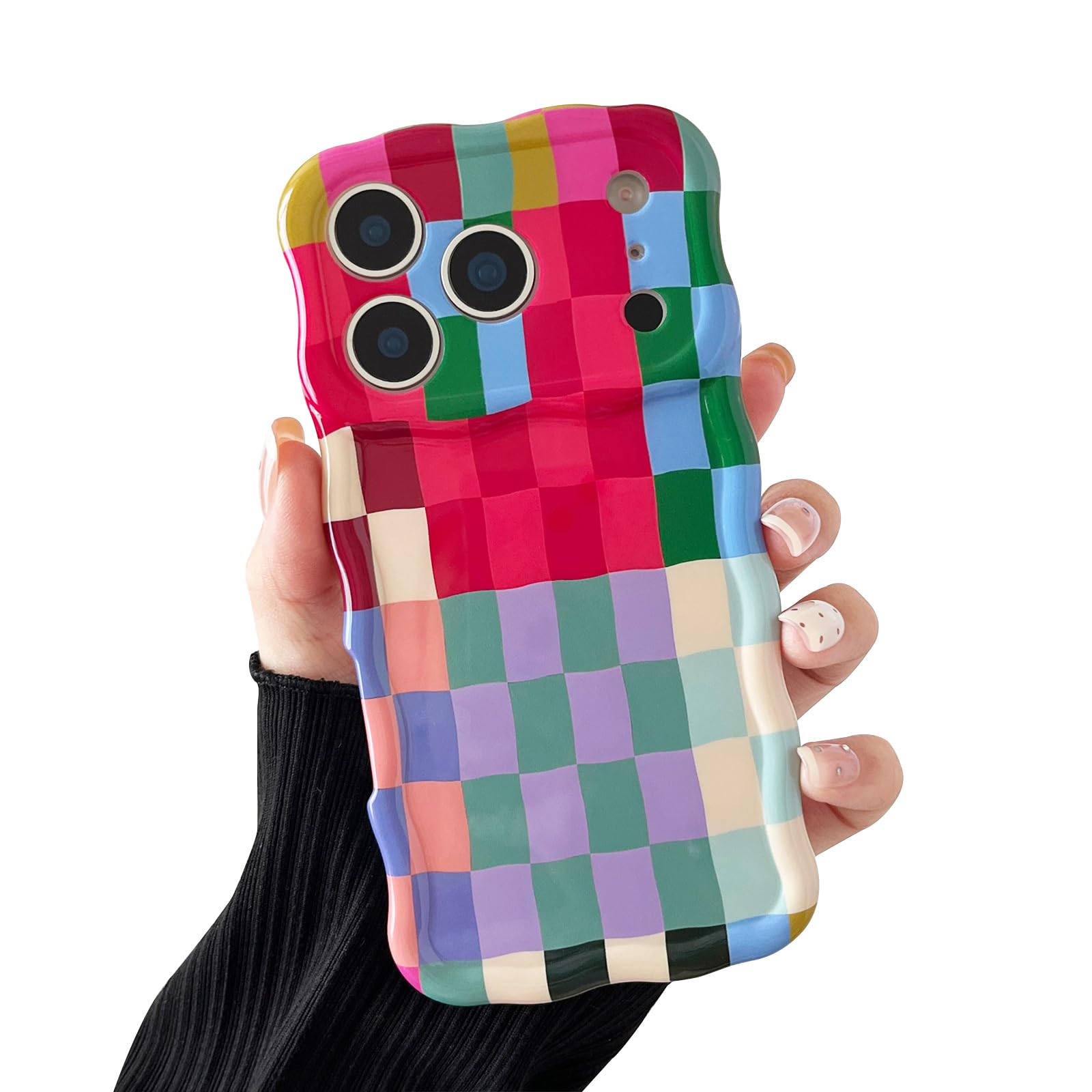 branple Compatible with iPhone 17 Pro Case, Cute Wave Curly Colorful Checkerboard Plaid Pattern Cover for Women, Soft TPU Shockproof Protection Case Compatible for iPhone 17 Pro (Colorful 1)