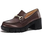 Coutgo Womens Chunky Platform Lug Sole Loafers Mid Heel Square Toe Dress Walking Work Shoes with Buckle Chain