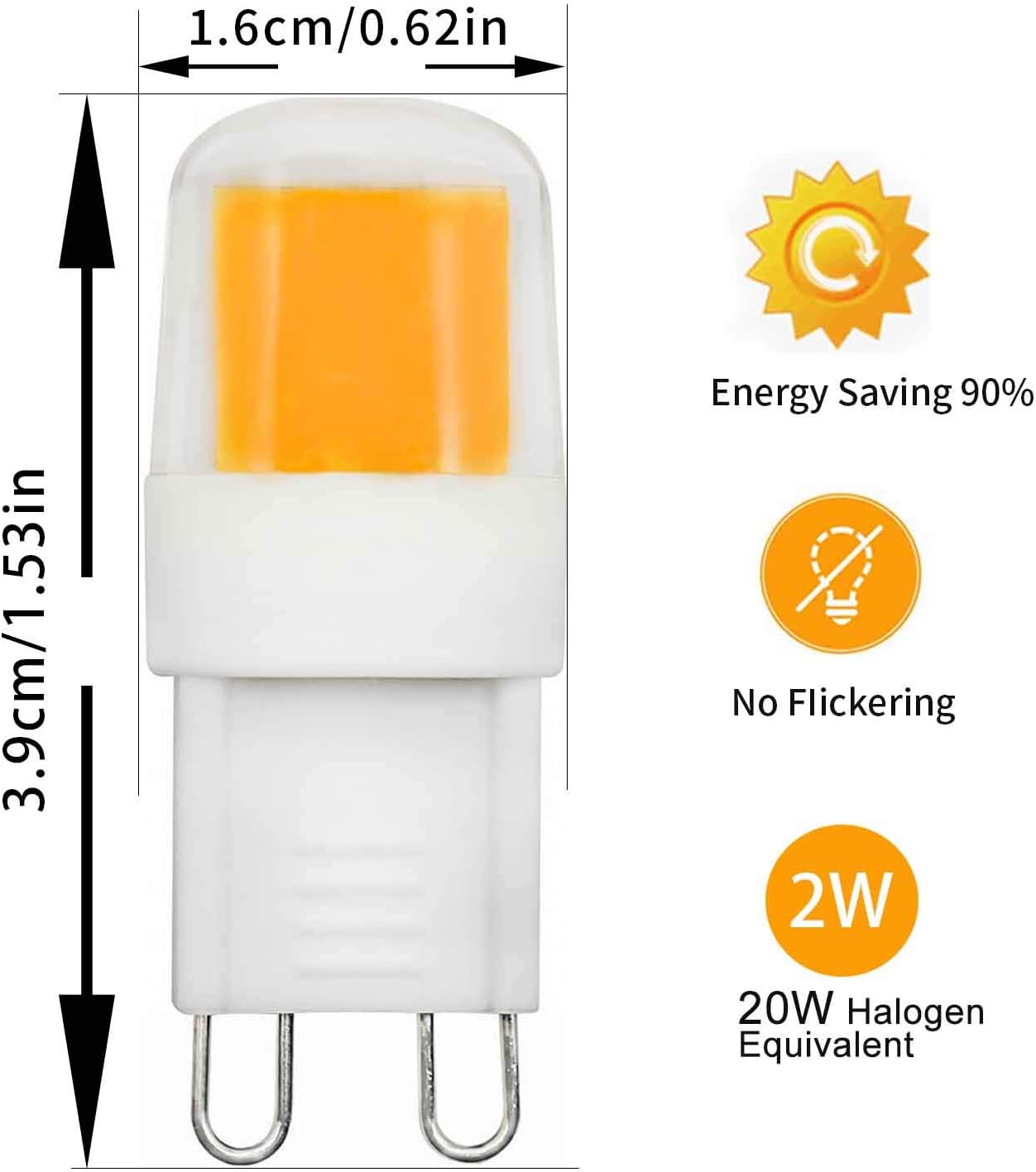 MJIUZHOU 6 Pack G9 LED Light Bulb Dimmable 2W Equivalent to 20W 15W 10W Halogen Warm White Mini 3000k 250Lm 220V 230V 360° Beam Angle Energy Saving JCD Bi Pin Base COB Lamp - Image 4