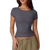 QINSEN Women's Crew Neck Short Sleeve Tees Double Lined Slim Fit T Shirt Basic Y2K Tops
