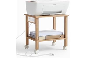 YUFAM 2 Tier Under Desk Printer Stand with Storage, Small Printer Table with Charging Station, Rolling Printer Cart Shelf with Lockable Wheels for Home, Office (Natural)