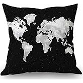 Swono World Map Decorative Throw Pillow Cover Case, Black Map Cotton Linen Outdoor Pillow Cases Square Standard Cushion Covers for Sofa Couch Bed Car 18x18 inch