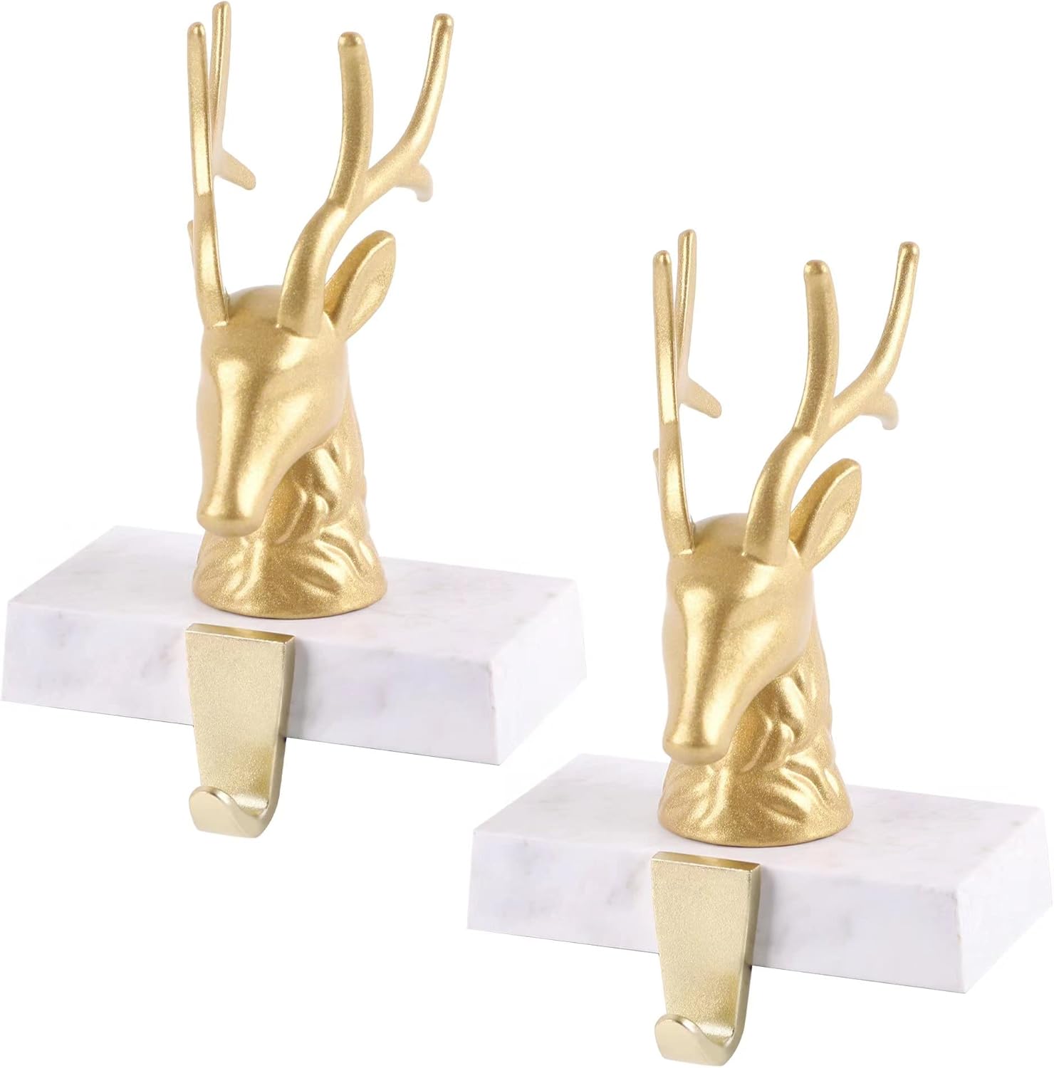 Stockings & Holders - Komiikka Christmas Stocking Holders for Mantle Set of 2, Reindeer Metal Mantel Stockings Hangers Hooks for Xmas Shelf Fireplace Toppers Decorations Gold