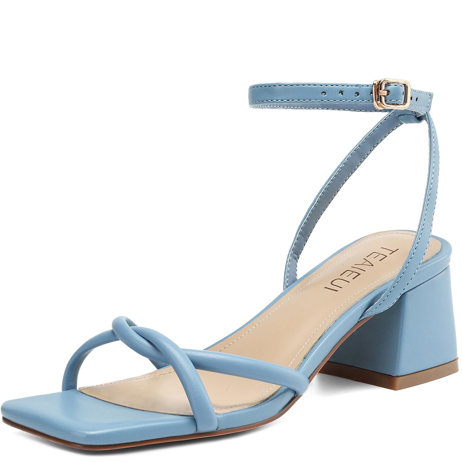 Photo 1 of TEAIEUI Women's Sandals Strappy Heels for Women Dressy Open Square Toe Comfort Chunky Block Heel Dress Shoes for Prom Party Wedding Light Blue 10