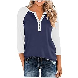 3/4 Length Sleeve Womens Tops Cotton Dressy V Neck
