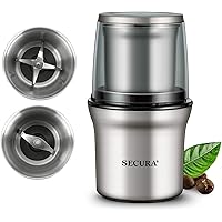 Secura Electric Coffee Grinder and Spice Grinder with 2 Stainless Steel Blades Removable Bowls