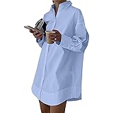LYANER Women's Casual Shirt Dress Collar V Neck Button Down Loose Long Sleeve Mini Dresses