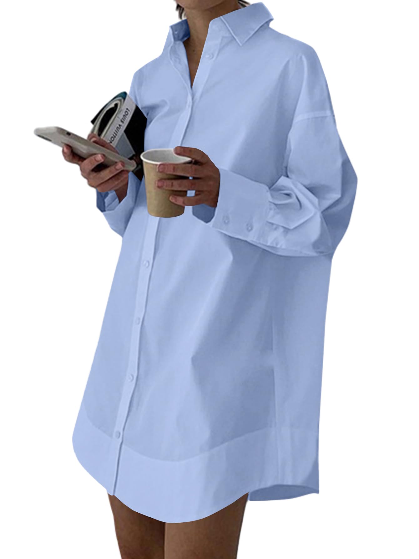 Photo 1 of LYANER Women's Casual Shirt Dress Collar V Neck Button Down Loose Long Sleeve Mini Dresses Light Blue Medium