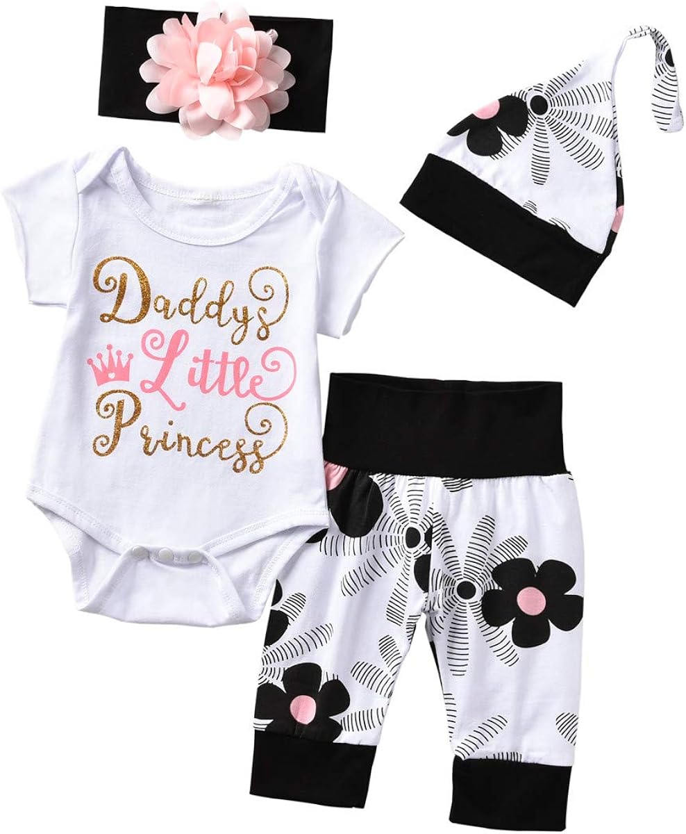 Newborn Romper Baby Girls Floral Bodysuit+ Flower Pants + Hat + Headband Outfits