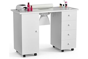 Belandi Manicure Table Nail Station for Nail Tech, Nail Tech Desk Nail Table Station w/Dust Collector, Wrist Cushion, Lockable Wheels, Storage Cabinet & Drawers(White2)