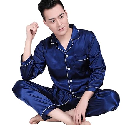 Herren Zweiteiliger Schlafanzug Satin Pyjama Set, Klassische Nachtwäsche für Männer - Langarm Shirt mit Reverskragen & Lange 