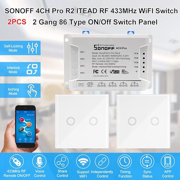 SONOFF 4CH Pro R2 ITEAD RF 433MHz 4 Gang WiFi Switch 3 Modos de Trabajo InchingSelf LockingInterlock WiFi Smart Switch Funciona con Amazon Alexa y para Google HomeNest Smart Home 2PCS
