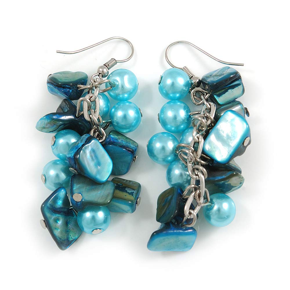 Light Blue Glass Bead, Shell Nugget Cluster Dangle Earrings/Silver Tone/ 60mm Drop