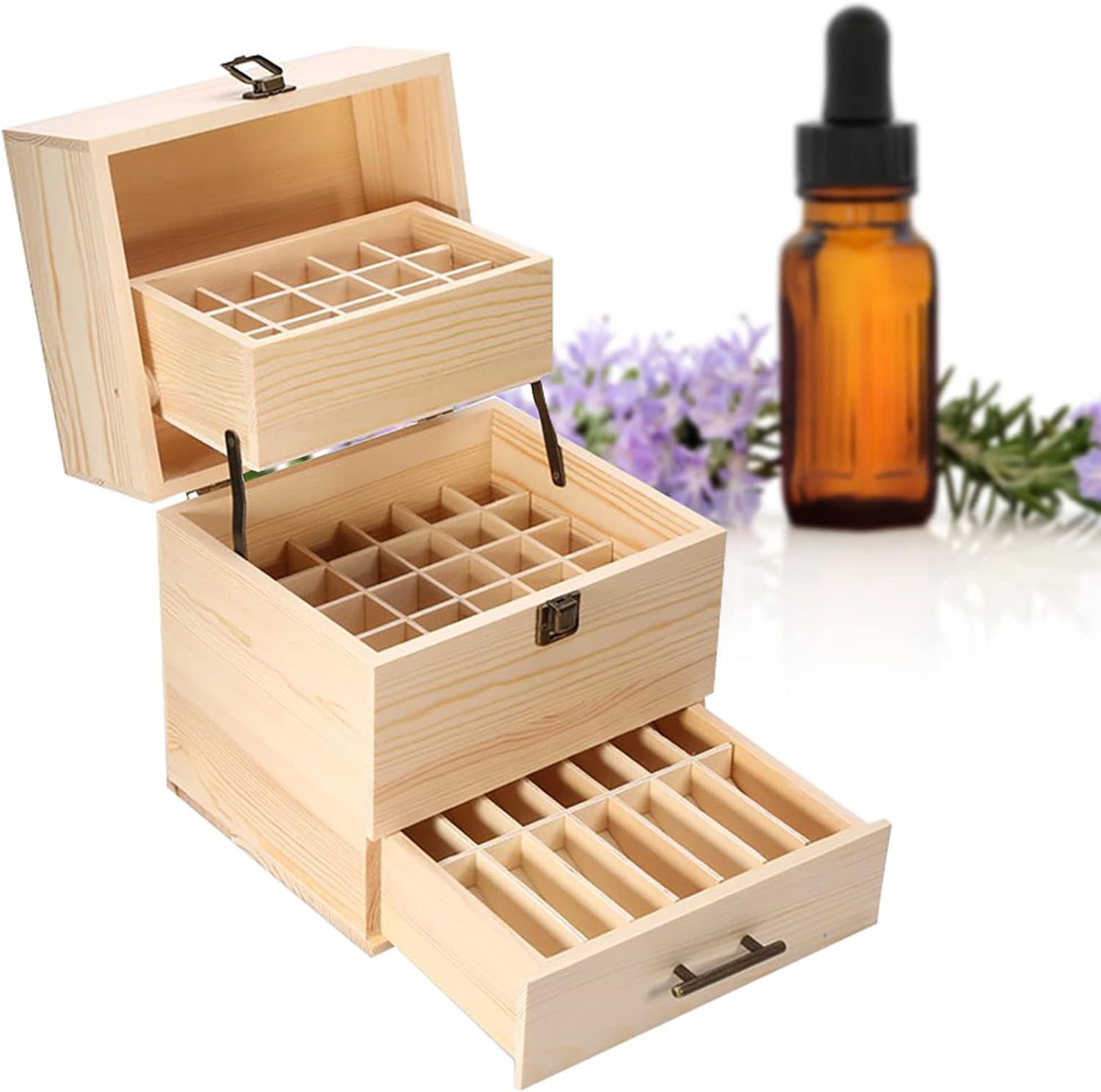 ZJchao Wooden Essential Oils Storage Box, Essential Oil or Nail polish Fragrance Bottles Organiser 3 Tier for 59 Bottles from 5 to 15 ml for Essential Oil Storage 215 mm x 183 mm x 237 mm
