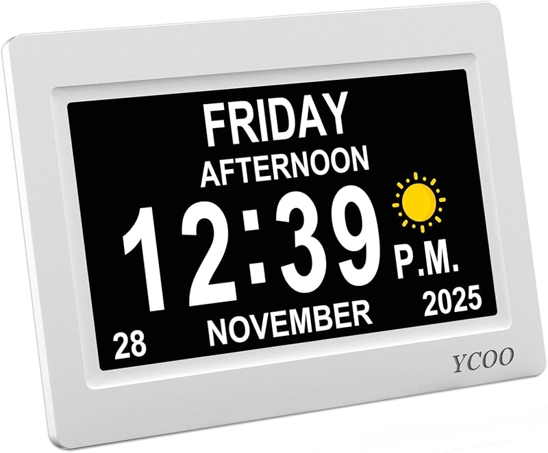 YCOO Dementia Clock 7 Inch Large Display Day Date Digital with Sun Moon Icons