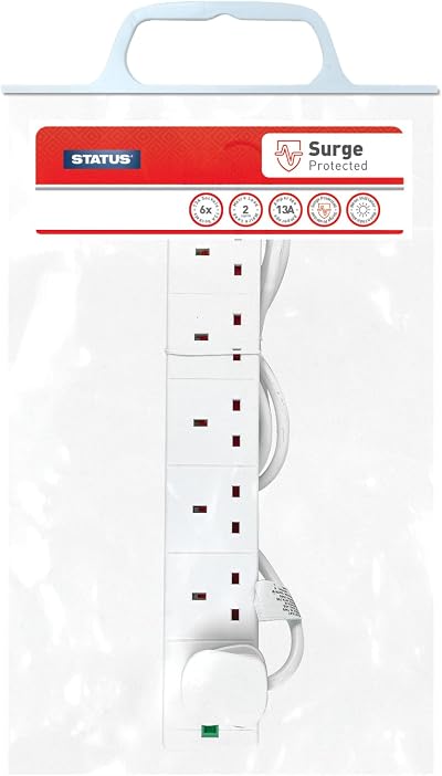 STATUS 6 Socket Surge Protected Extension Lead 2m Cable Neon Power Indicator
