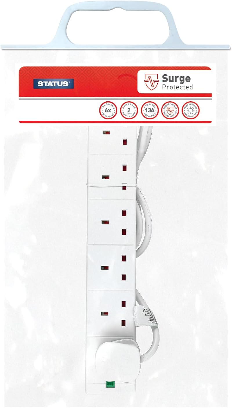STATUS 6 Socket Surge Protected Extension Lead 2m Cable Neon Power Indicator