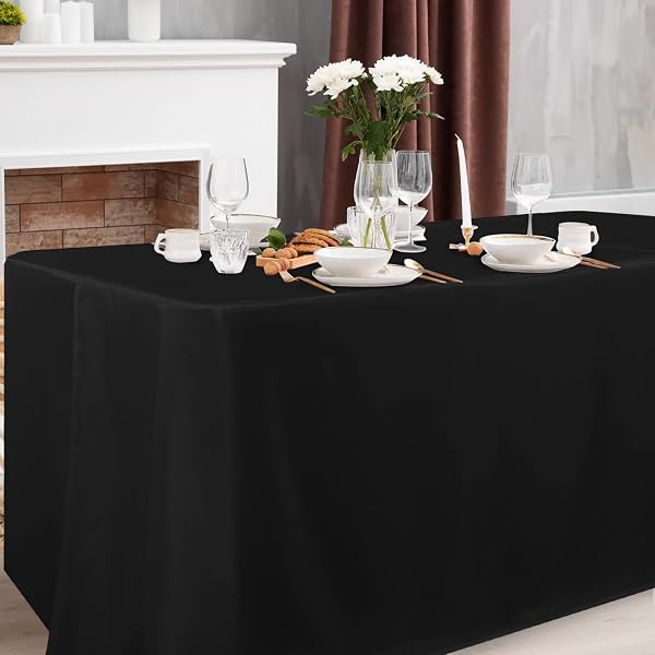 OBSTAL 4 PACK BLACK TABLECLOTH FITTED TABLE CLOTHES FOR 8 FOOT RECTANGLE TABLES – WATER RESISTANT WASHABLE FABRIC POLYESTER RECTANGLE TABLE COVER FOR OUTDOOR/INDOOR USES?96L X 30W X 30H INCHES, BLACK?