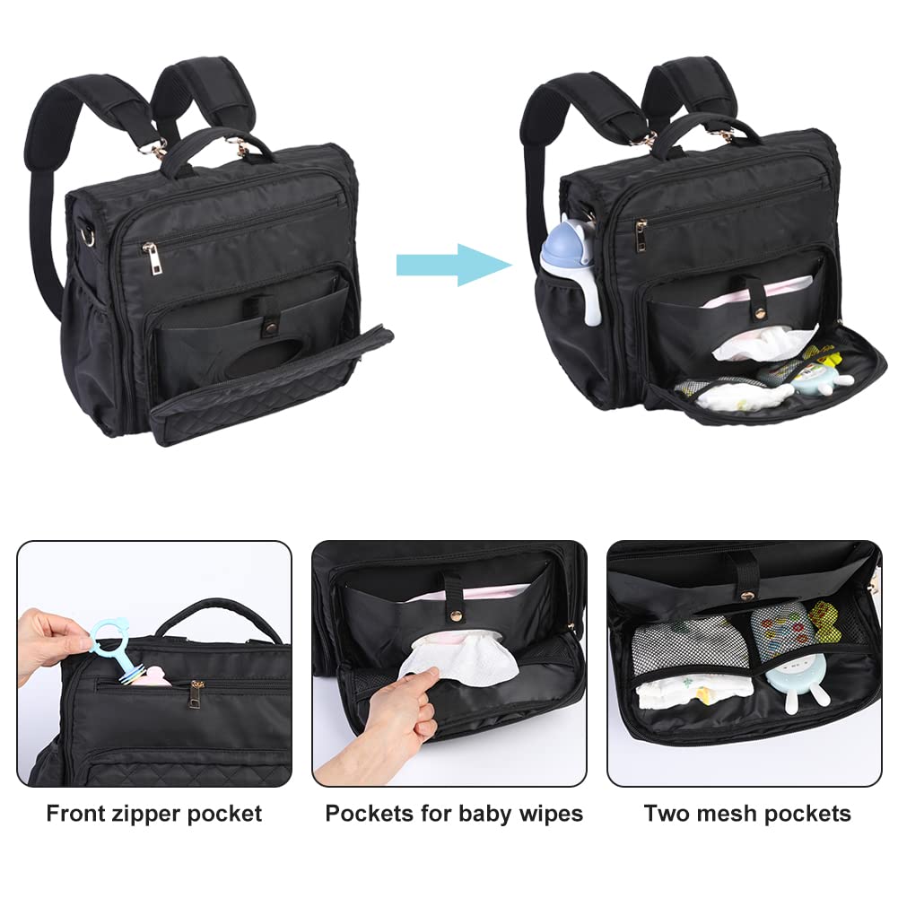 Clearworld Diaper Bag Backpack - Quilted Travel Diaper Bags for Baby Girl & Boy,Convertible Messenger Baby Changing Bag,Insulated Pockets,Large Capacity,Waterproof and Stylish, Black