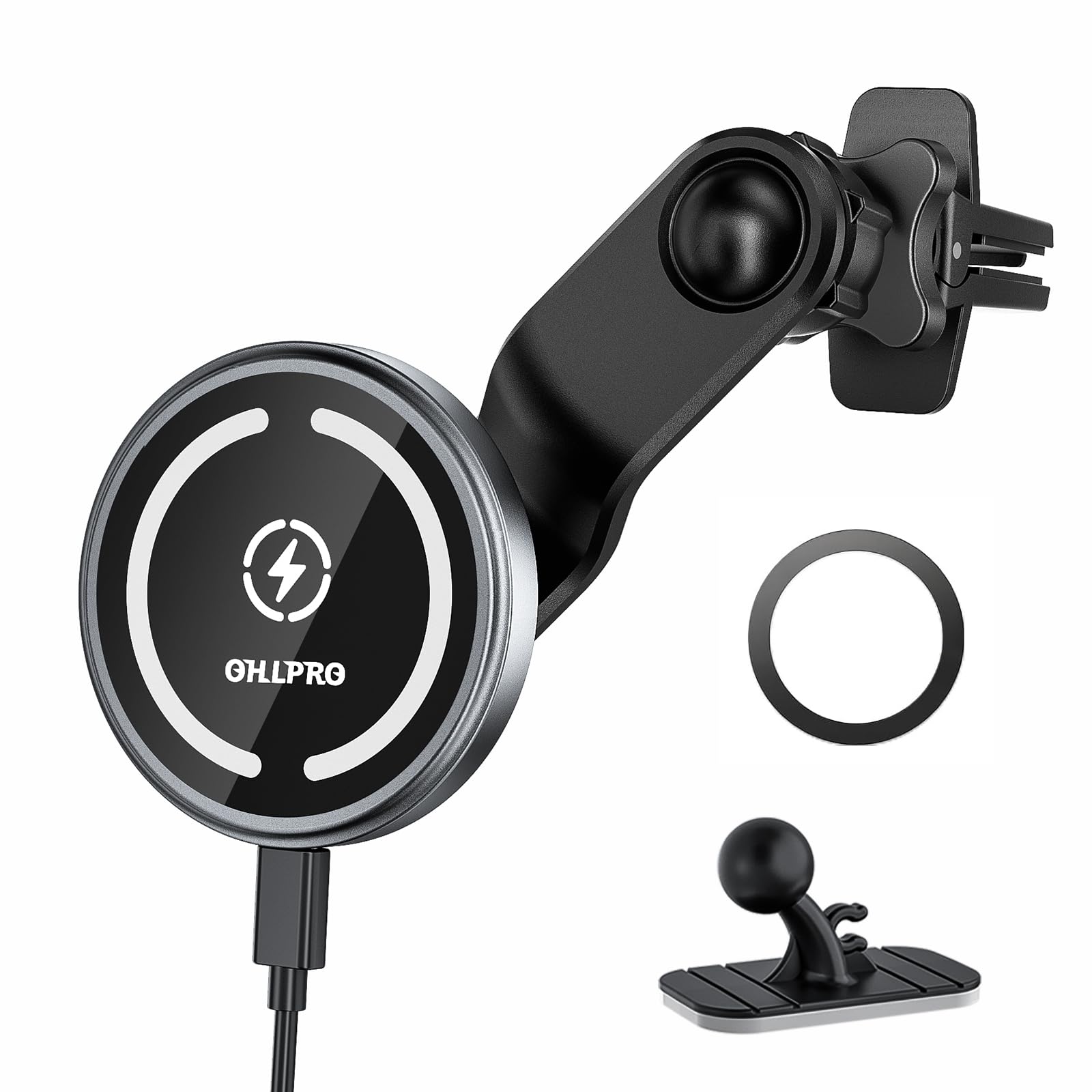 OHLPRO for MagSafe Car Mount Charger iPhone Wireless Car Charger, Stick on Dashboard Magnetic Phone Holder Mount for iPhone 17 Pro Max 16 15 14 Series, 15W Fast Charging, Aluminum Shell
