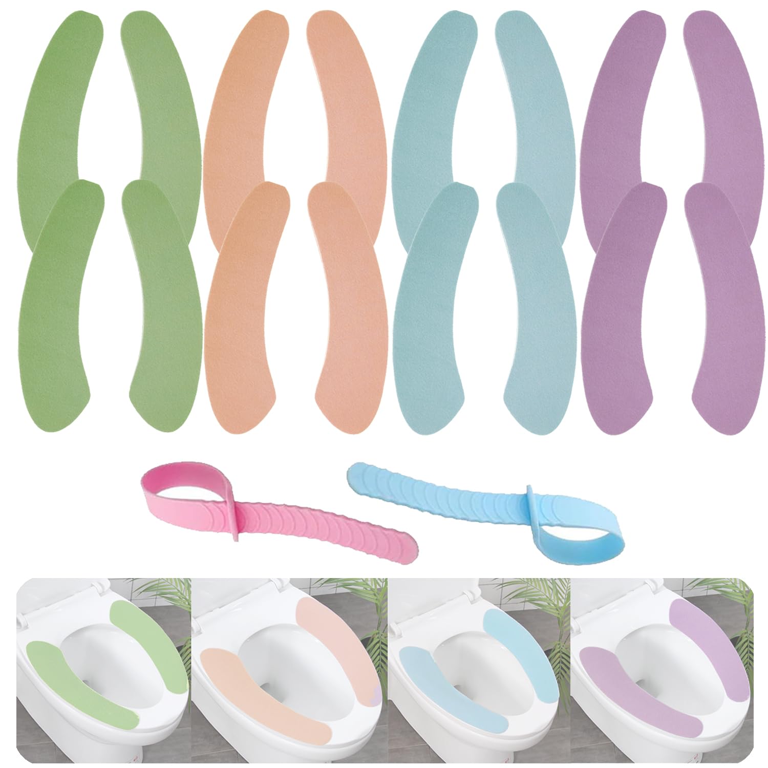 8 Pairs Soft Bathroom Toilet Seat, 2 Toilet Seat Lifter,Bathroom Warmer Toilet Seat, Cover Pads Soft Portable Toilet Seat, Washable and Reusable, Suitable for Families, Hotels, Hostels(4 Colors)