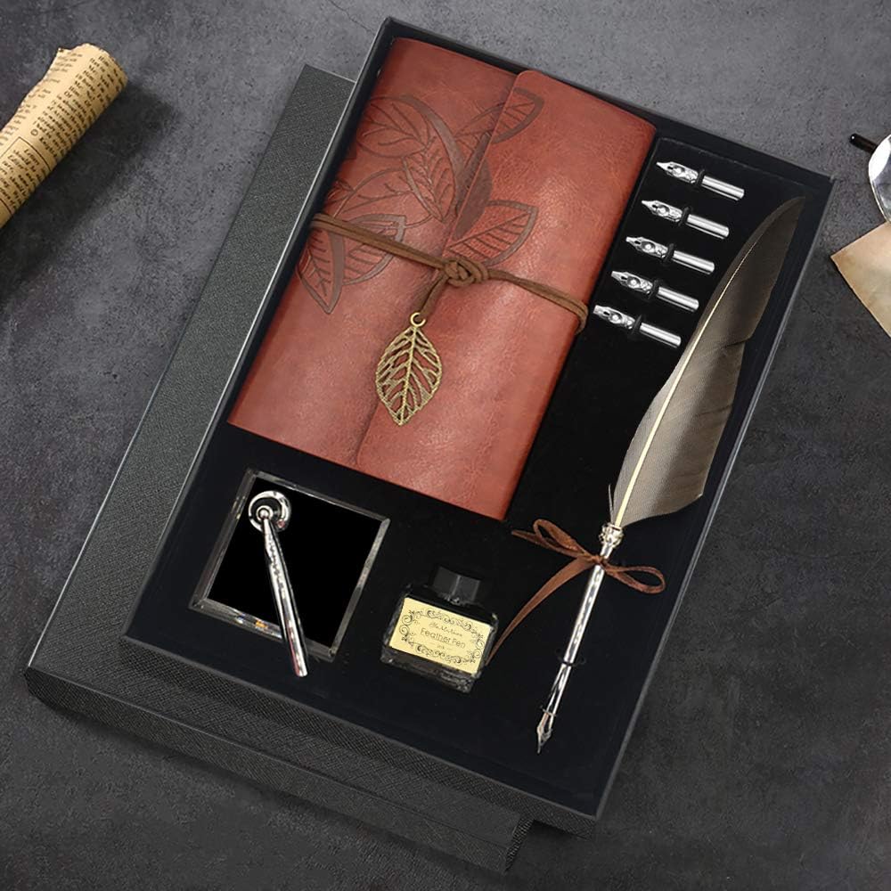 GCCL Quill Pen and Ink Set, Antique Feather Dip Calligraphy Pen Set, including Quill Pen, 5 Replacement Nibs, Pen Nib Base