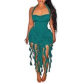 Aro Lora Womens Sexy Halter Neck Sleeveless Ruffle Tassel Party Club Bodycon Mini Dress