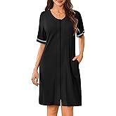 Ekouaer Women Zipper Robes Short Sleeves Housecoat Lightweight Bathrobes Zip Up Robe Casual Nightgown with Pockets S-2XL