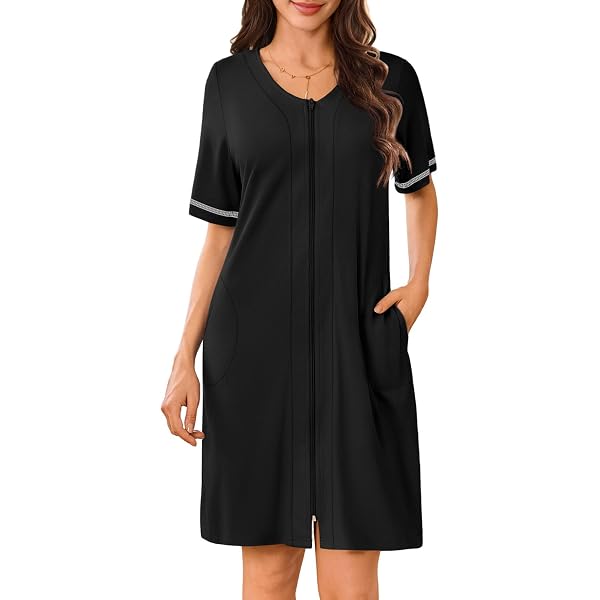 chinese dress ladies Zip Up Robes for Women Short Sleeve Zipper House Coat Short Bathrobes  Lightweight Ladies Nightgown with Pocket S-XXL(Small,Black) at Amazon  Women's Clothing store