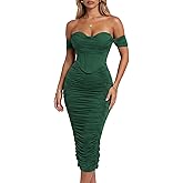 CurvySweet Women's Off The Shoulder Midi Dress Built-in Bra Ruched Corset Bodycon Spring Formal Cocktail Party Dresses