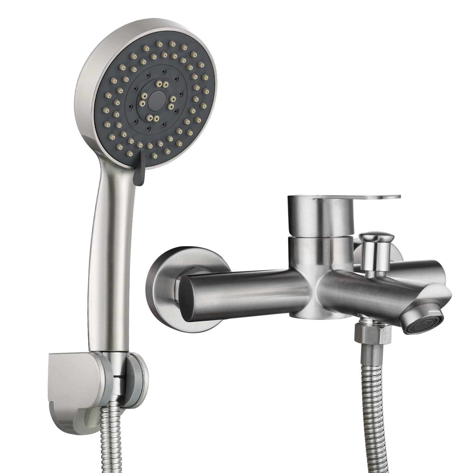 Tecmolog SNA516F3 Surface-Mounted Single-Lever Bath Mixer Shower Set Stainless Steel with Hand Shower Hose 1.5 m Brushed Nickel, Bathroom Taps, Bath Taps, Shower Accessories