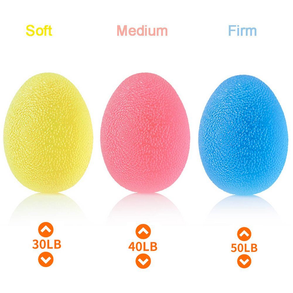 SKL Pelotas de ejercicio de mano de resistencia a los huevos, pelotas de agarre para entrenamiento de fuerza de mano, terapia física, rehabilitación de lesiones, 3 unidades (rojo, azul, amarillo)