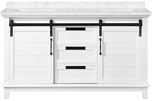 Ove Decors Double Undermount Sink Bathroom Vanity with Cultured Marble Countertop and Barn Doors, Pre-Assembled | Backsplash Included | 03 Drawers and Power Bar, 60 in, White