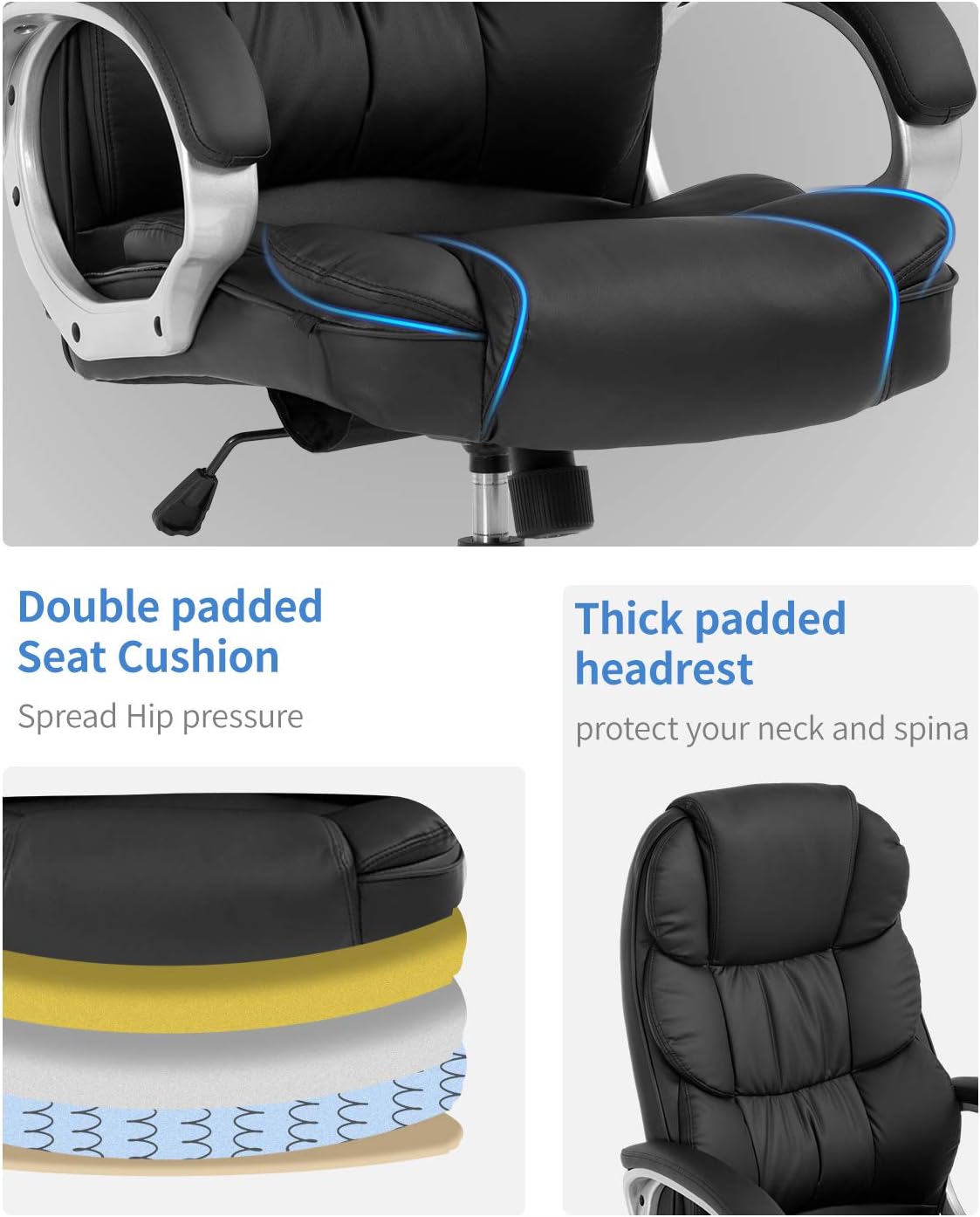 Office Chair Computer High Back Adjustable Ergonomic Desk Chair Executive PU Leather Swivel Task Chair with Armrests Lumbar Support (Black): Furniture & Decor