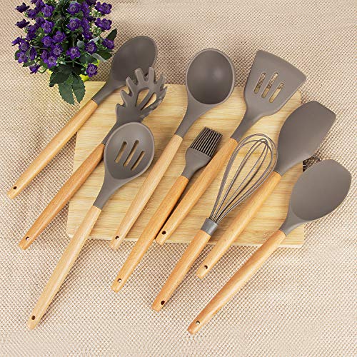 K Kwokker 9 Pieces Silicone Kitchen Cooking Utensils Set,Wooden Handle Cooking Kitchen Accessories Tool Set,Heat-resistant Soup Ladle Spoon Slotted Shovel Turner Spatula Egg Whisk Kitchen Tool