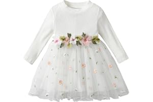 Sinipart Infant Baby Girls Floral Dress Toddler Tulle One Piece Long Sleeve Princess Kids Fall Winter Outfits Set