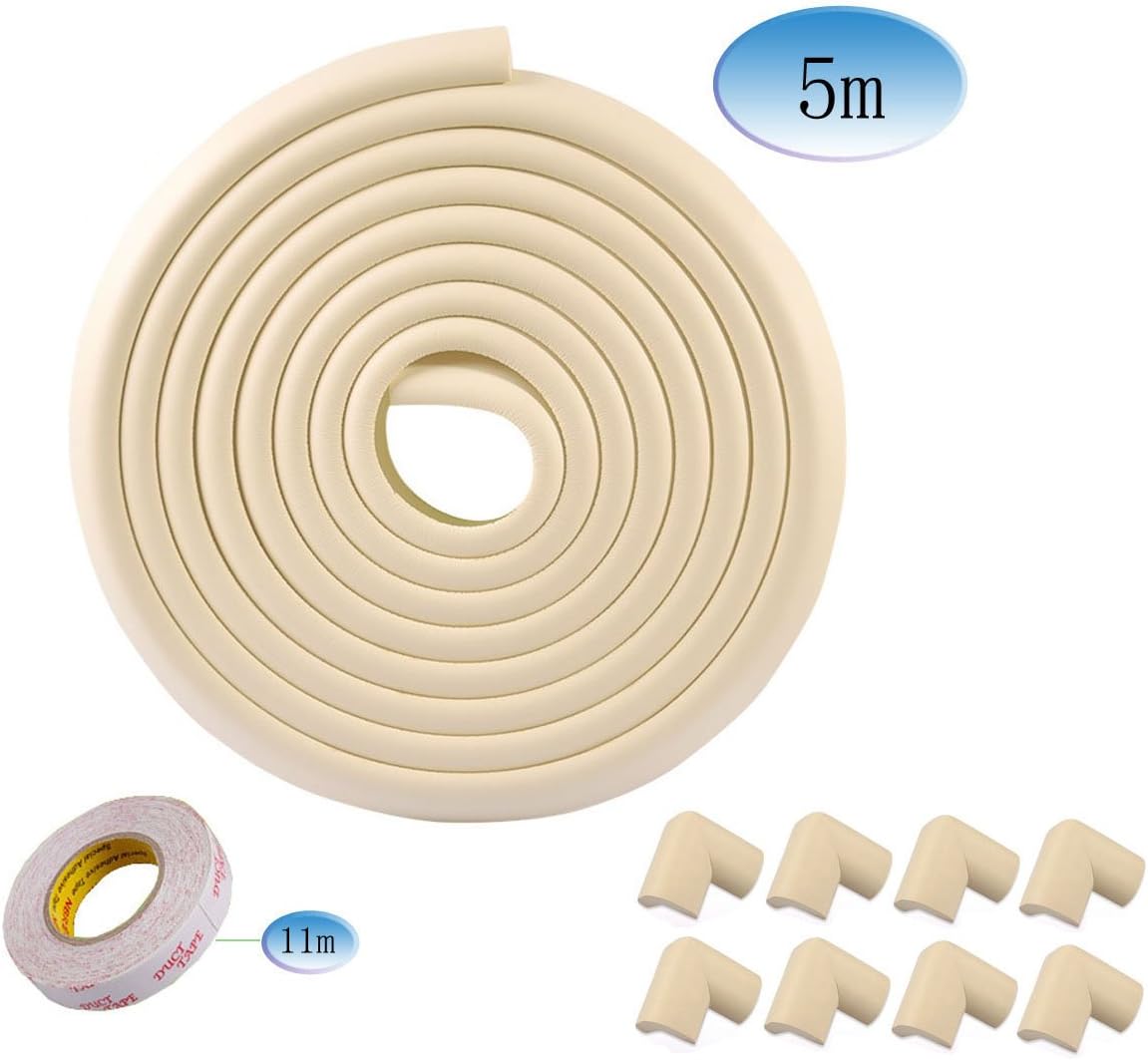 Youkap 5m L-Shaped Toddler Baby Kids Safety Soft Foam Sponge Corner Edge Corner Protector Guard Cushion Anti-Collision Bumper Strip Table with 8 Foam Corner Guards Beige