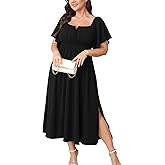 CICIDUDU Women Plus Size Dress Wedding Guest Formal Ruffle Short Sleeve Square Neck Smocked Flowy A Line Slit Maxi Dresses