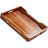 Acacia Wood Serving Tray with Handles, 18x13in Food Drinks Tray for Coffee Table, Breakfast, Dinner & Bar, Rustic Decorative Storage Tray for Ottoman, Kitchen, House Warming Gifts New Home