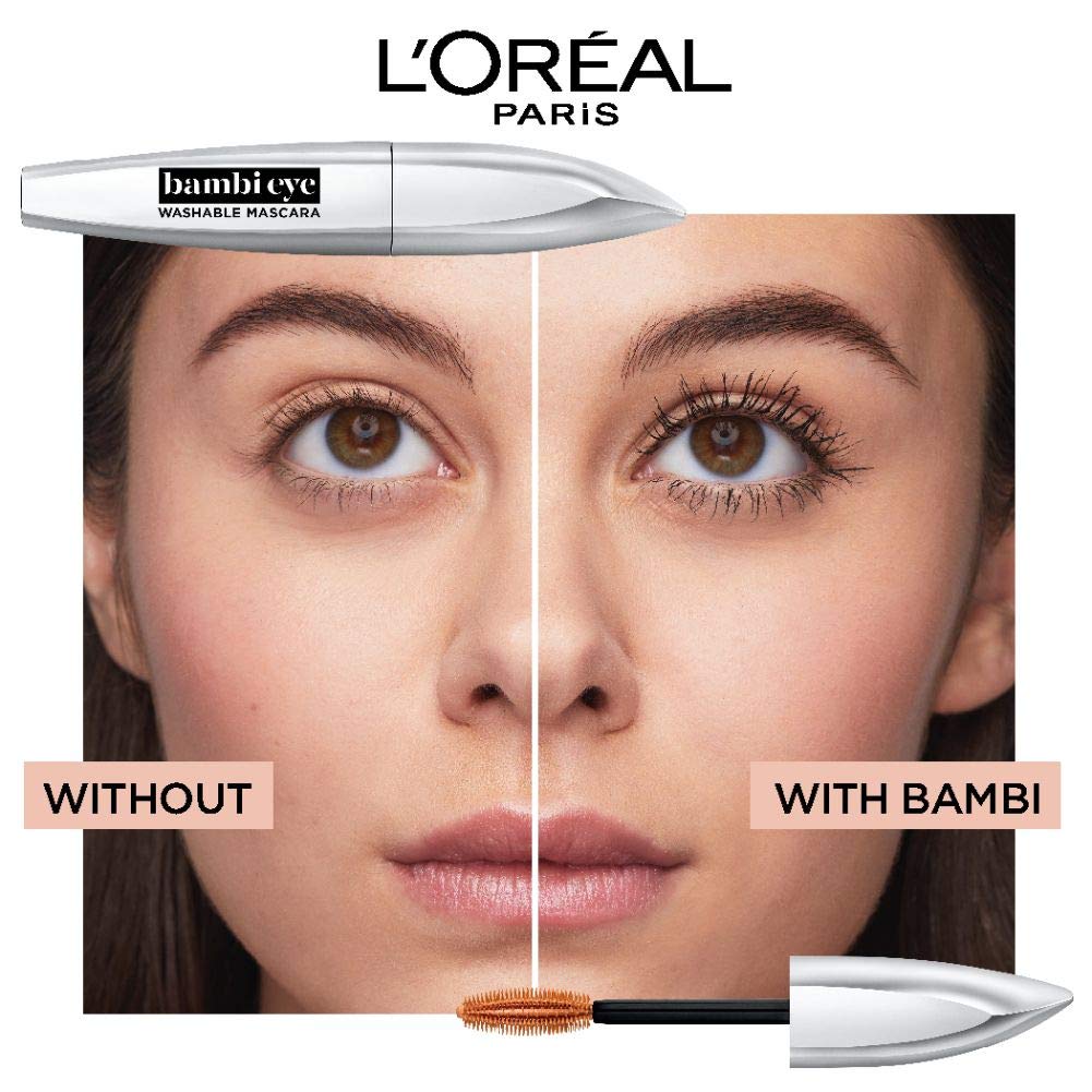 L'Oreal Paris Bambi Eye Washable Mascara, Doe Eyes, Lasting Volume, Length & Lift, Definition, No Clumping, No Smudging, Washable Blackest Black, 0.28 Fl. Oz., 1Count : Beauty
