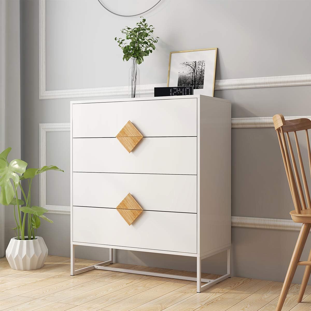 RASOOChest of Drawers White 4 Drawer Dresser Chest Bedside Drawer Cabinet Storage for Bedroom with Special Shape Square Handle, 31.77โ X 15.74โ X 36.22โ (LxWxH)