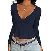 SOLY HUX Women's Deep V Neck Going Out Tops Long Sleeve T Shirt Peplum Ruffle Hem Tee Top