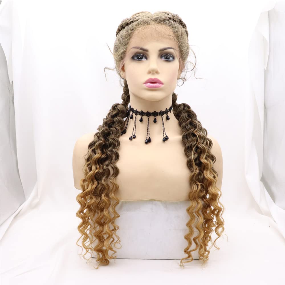 Xiweiya Wigs Long Braided Copper Blonde Wig Ombre Blonde Hair Highlight 2X Double Twist Braided Curly Synthetic 360 Full Lace Front Wig for Women,Drag Queen Halloween Makeup Party