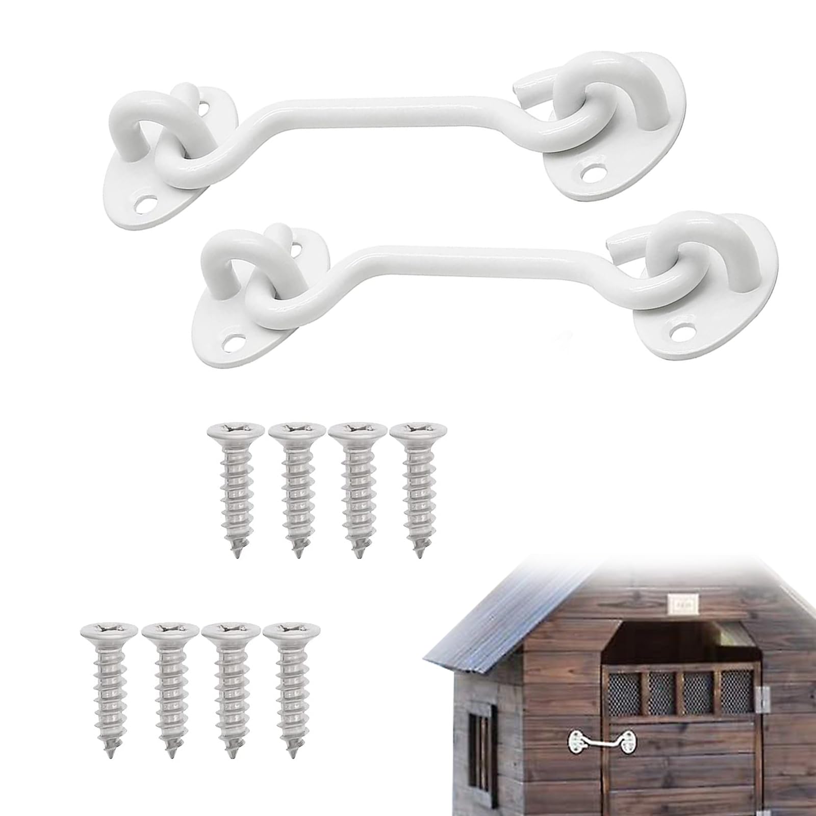 Roontin 6-Inch Stainless Steel Cabin Hooks - White Gate Hook & Eye Door Catch for External Doors with Door Hold Open Feature and Patio Door Lock