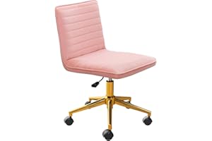 Furniliving Home Office Chair, Armless Vanity Chair with Wheels Swivel Velvet Computer Rolling Desk Chair with Back, Adjustable Accent Chair with Gold Metal Base Stool Chair,Pink