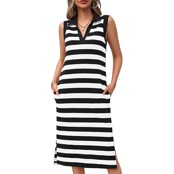 PJFPJF Women's 2025 Striped Summer Dress – V-Neck, Puffy Sleeves, Pockets, Polyester-Spandex, A-Line Casual Beach Dress