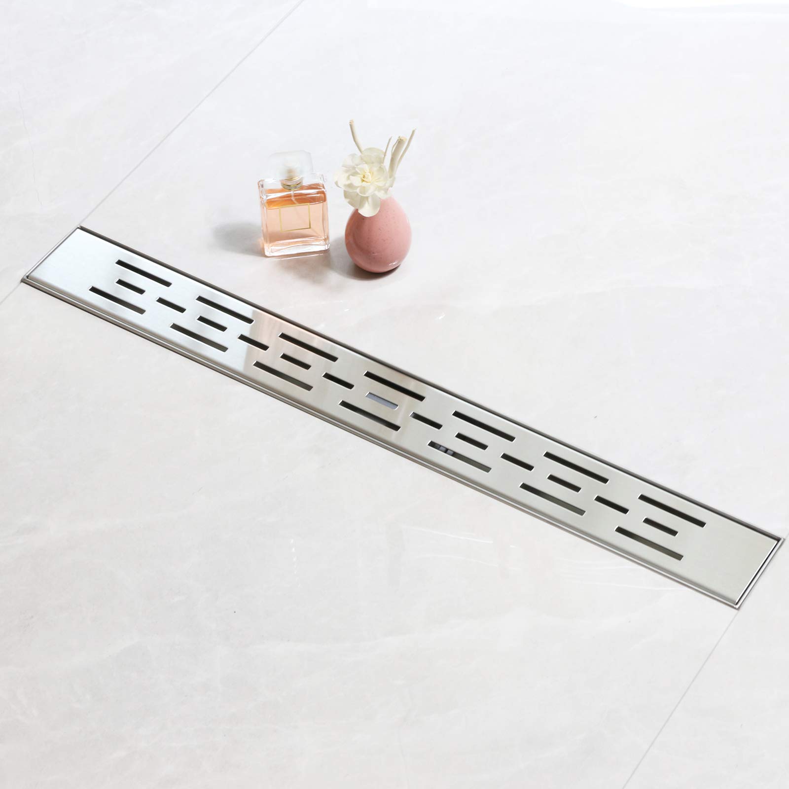 SaniteModar 80 cm Linear Shower Drain, Lines Panel Shower Drain with Siphon, Brushed 304 Stainless Steel Linear Drain with Leveling Feet