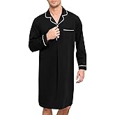 SWOMOG Mens Nightgown Long Sleeve Sleep Shirt Big & Tall Nightshirt Button Down Pajama Comfy Nightwear M-XXXL