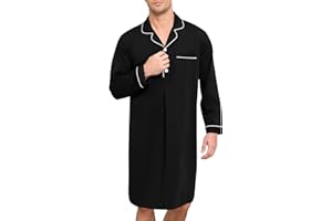 SWOMOG Mens Nightgown Long Sleeve Sleep Shirt Big & Tall Nightshirt Button Down Pajama Comfy Nightwear M-XXXL
